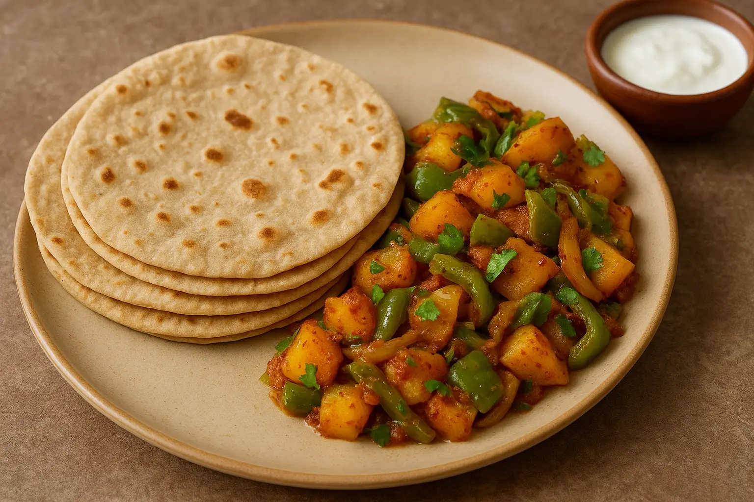 Tender Chapati with Aloo-Capsicum                                                 ಮೃದು ಚಪಾತಿ ಮತ್ತು ಆಲೂ ಕ್ಯಾಪ್ಸಿಕಮ್